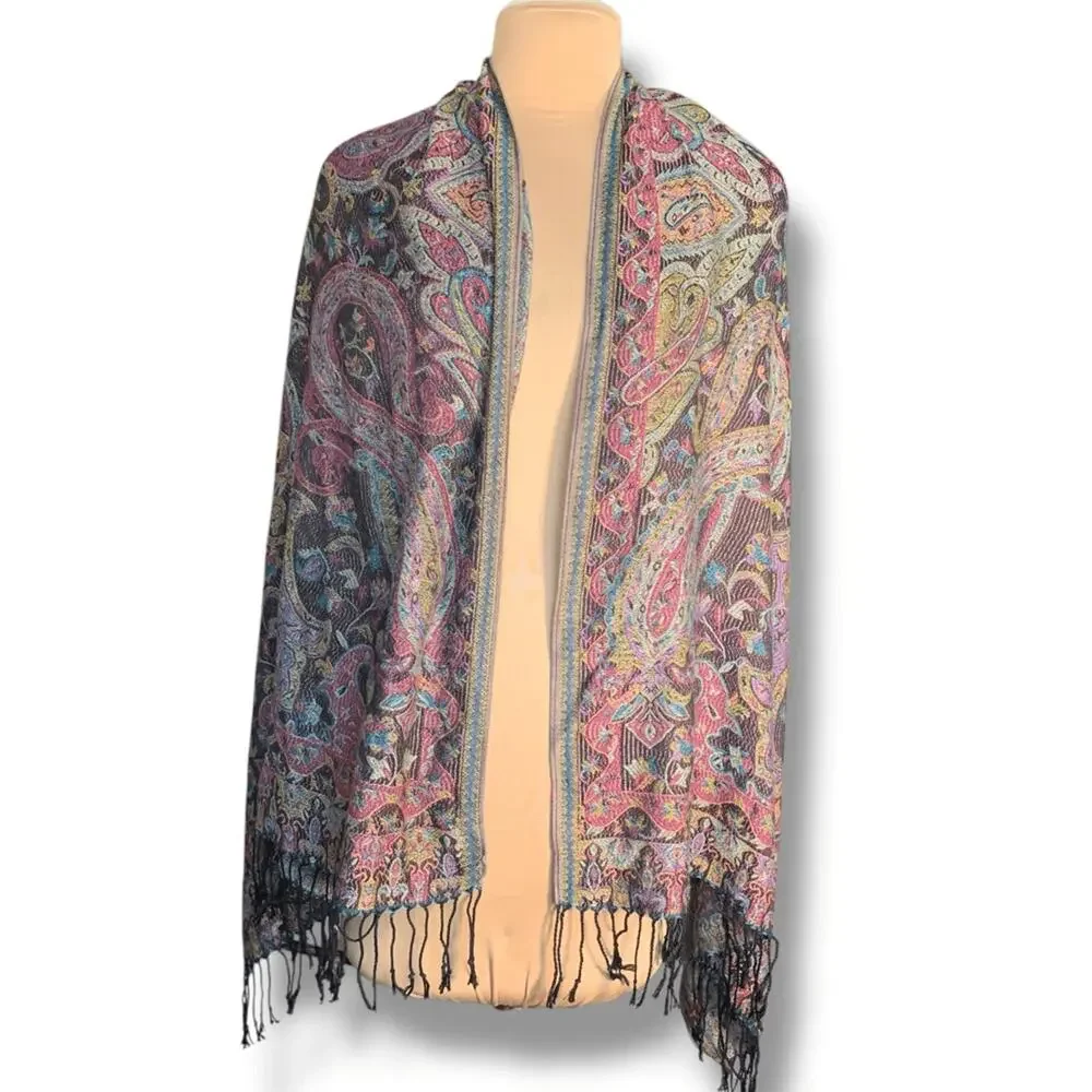 Modern Expressions Scarf Colorful Paisley Woven Shawl Wrap Fringe Detail‎ Boho